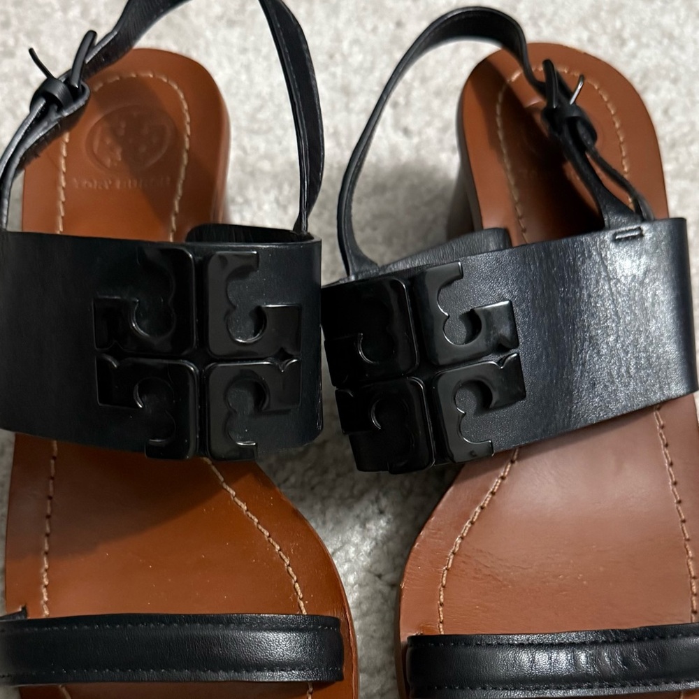 Tory Burch Black Lowell Napa Leather Block Heels Black Sz 7 Sandals. Excellent - Picture 9 of 14